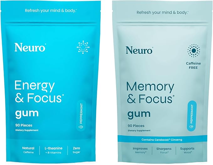 Neuro Focus Set – 90 Count Each (Peppermint) – Sugar Free Nootropic Chewing Gums with Natural Caffeine, L-Theanine, B-Vitamins & Ginseng for Energy, Alertness & Clarity