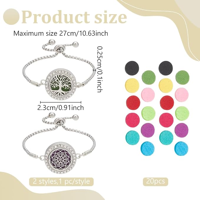 WEBEEDY 2 Sets Essential Oil Diffuser Bracelets Adjustable Aromatherapy Locket Diffuser Rhinestone Bracelet with 20 Refill Pads for Women Christmas Valentine's Thanksgiving Day Birthday Jewelry Gift