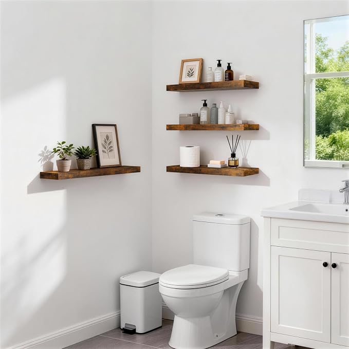 BAYKA Rustic Brown Floating Shelves 22.5in, 3 Pack, Wall Mount Wood Shelf | Easy Install, 22lbs Max Load, Hidden Bracket, for Bathroom Bedroom Kitchen Display Storage Decor, Multi-Wall Compatible