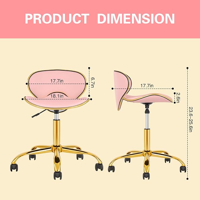 Rolling Stool with Back Support, Set of 2 Salon Stool with Wheels for Spa, Nail Tech and Hair Stylist, Height Adjustable Chair for Massage Beauty Makeup-Pink