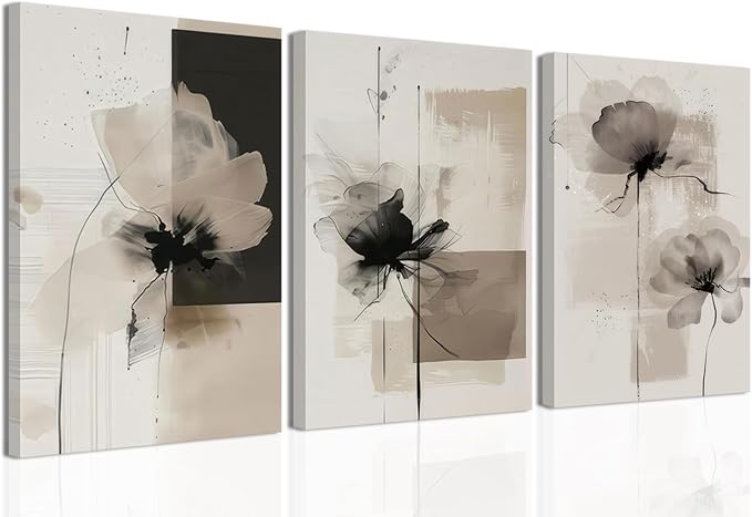 Neutral Abstract Floral Canvas Wall Art Modern Large Minimalist Wall Decor Contemporary Beige Black Flower Posters Prints Picture for Living Room Bedroom Bathroom Office 16x24 In Framed