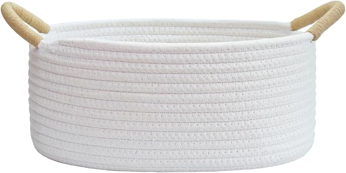 Yimi's Dream White Cotton Rope Gift Basket with Brown Handle, 12 x 8 x 5 in | Small Oval Empty Decorative Basket for Easter, Baby Shower, Cat or Dog Toys, Gifts, Nursery, Shelves, and Home Organization
