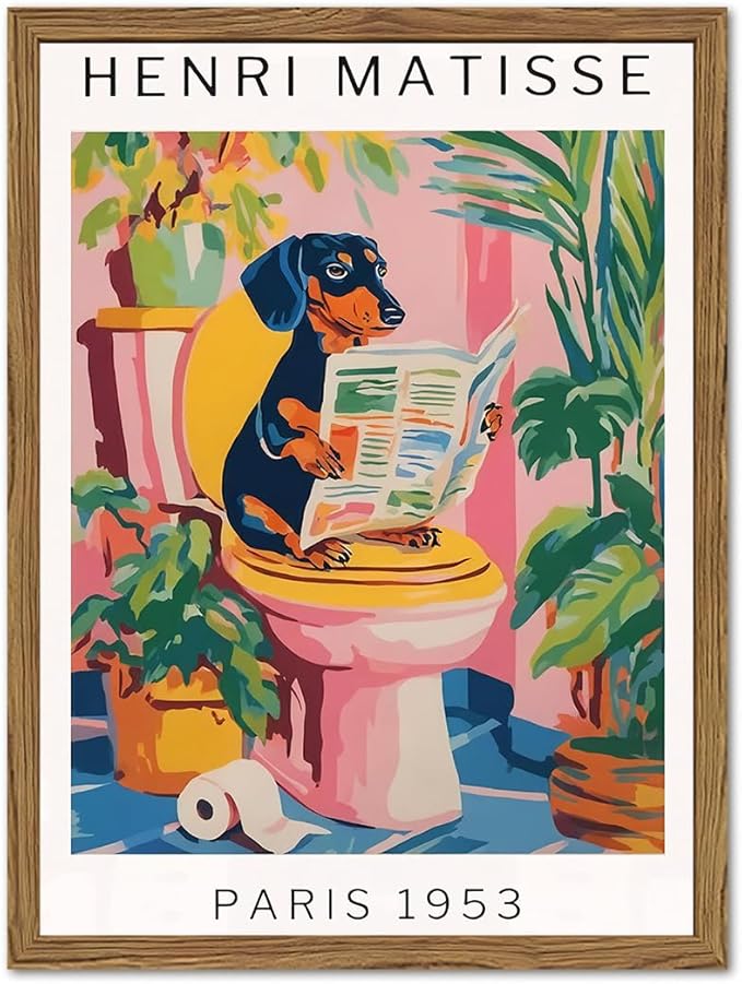 Funny Dachshund Bathroom Wall Art Henri Matisse Dog Bathroom Wall Decor Picture, Cute Puppy Animal Reading Newspaper in Toilet Poster Painting Canvas Print 12x16 inch Wood Framed