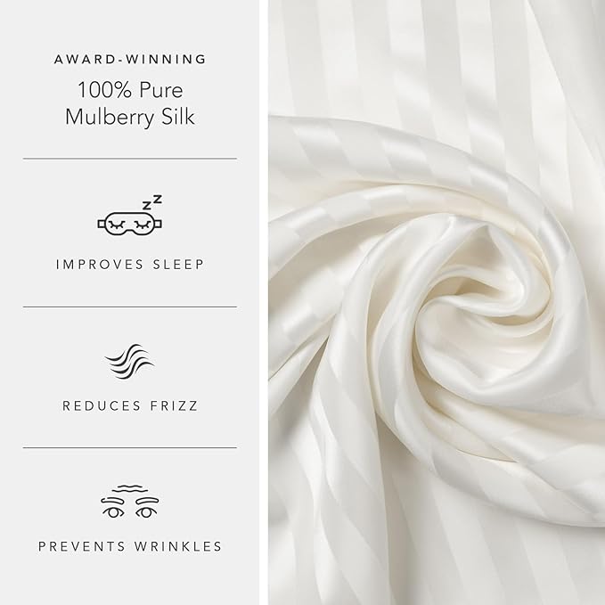 Fishers Finery 25mm 100% Pure Mulberry Silk Pillowcase Set (White Stripe King 2 Pack)