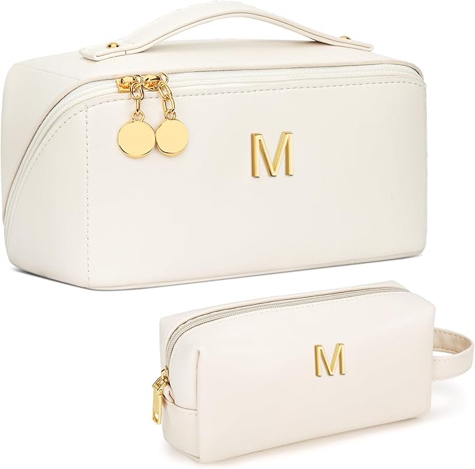 KKXIU Initial Makeup Bag for Women - Personalized Makeup Bag Gifts for Women, Travel Toiletry Bag with PU Leather, Open Flat Design with Top Handle, Cosmetic Bag Set with Multi-Pocket (Beige,M)