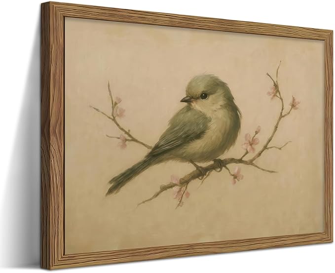 Vintage Bird Wall Art, Cherry Blossom Spring Pictures Canvas Wall Decor, Rustic Farmhouse Bird Animal Artwork Print Poster for Living Room Bedroom Bathroom 12x16 Inch Framed