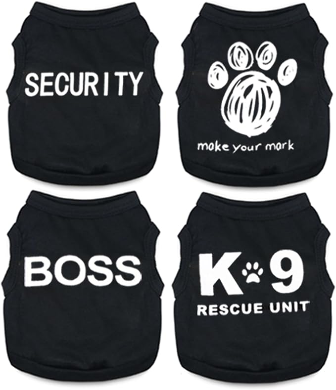4 Pack Dog Clothes for Small Dogs Boy Male Summer Letter Security Dog Shirts Cute Cool Clothes for Chihuahua Dachshund Yorkie Shih Tzu, Pet Cat Outfit Clothing, XS,Black