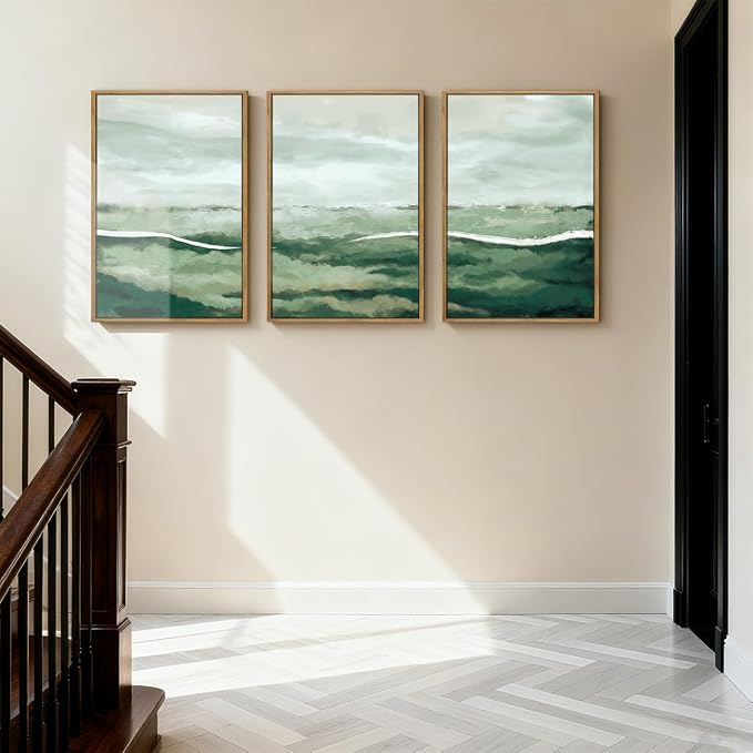 ANHUIB Large Green Abstract Framed Wall Art Set of 3 Sage Green Landscape Canvas Wall Decor 16x24 InchBeige Neutral Watercolor Lake Textured Illustrations Painting for Living Room Bedroom Dining Room