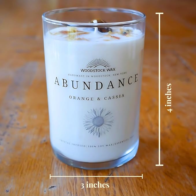 Candlestock Abundance Soy Wax Candle, Sweet Orange & Cassia Essential Oils, Tiger's Eye & Orang Peel Topped, Handmade in NY
