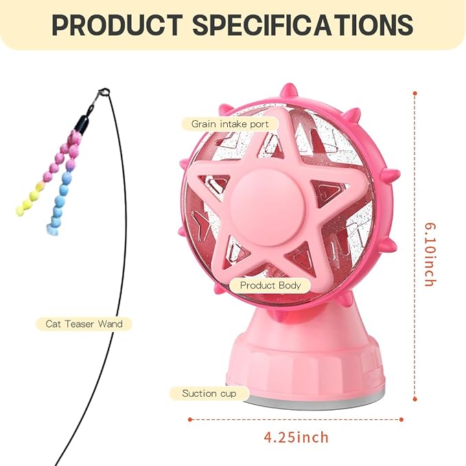 2-in-1 Interactive Cat Toy, Rotating Treat Dispenser with Strong Suction Cup & Teaser Wand, Adjustable Slow Feeder Puzzle Toy for Cats, Boredom Relief & Mental Stimulation Fits Kibble ,Treats (Pink)