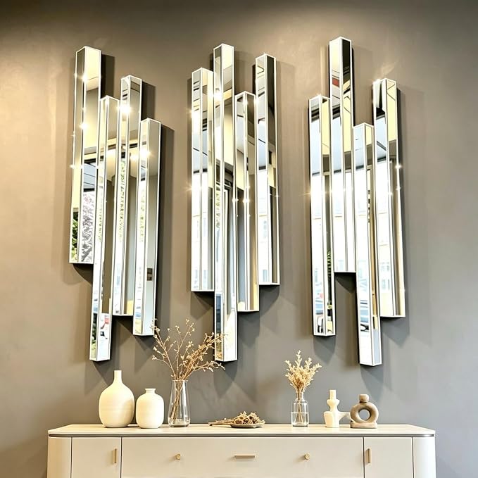 Modern 3 Pack 28x8 Staggered 3D Silver Mirror Wall Set Mirror Decor | Premium silver mirror with bevels. 4 sturdy hooks for V/H mount. Perfect for modern living, entryway & dining home decoration