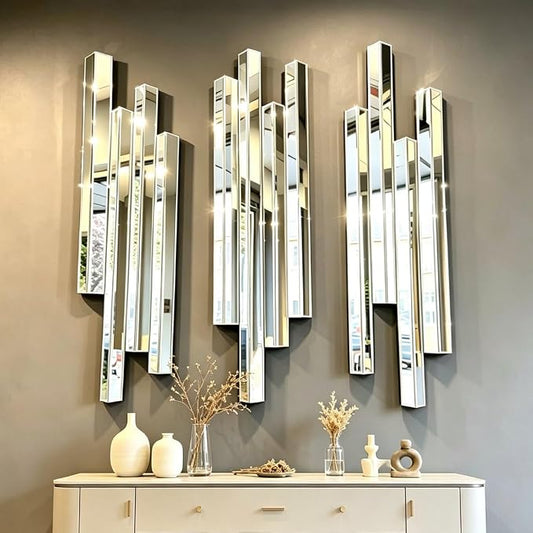 Modern 3 Pack 28x8 Staggered 3D Silver Mirror Wall Set Mirror Decor | Premium silver mirror with bevels. 4 sturdy hooks for V/H mount. Perfect for modern living, entryway & dining home decoration