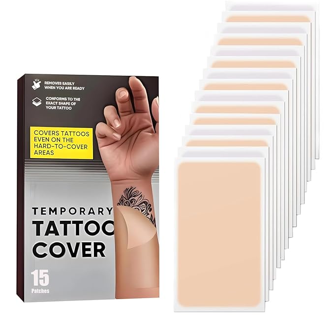 15 Pcs Ultra-Thin Tattoo Cover Up Patch, Waterproof & Sweatproof Stickers, Invisible & Breathable Concealer for most skin tones，Suitable for Tattoo Scar and Birthmarks
