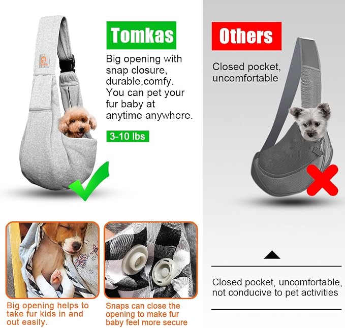 Tomkas Small Dog Cat Sling Carrier Puppy Purse Travel Wrap Soft Crossbody Pet Bag (Grey, M - Zip Pocket & Adjust Strap)