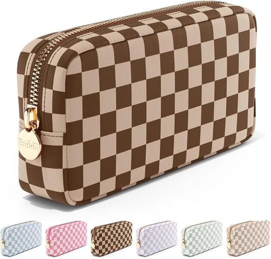 Makeup Bag Travel Cosmetics Pouch and Toiletry Bag, Nylon Zipper Pouch Purse, Cute Make Up Organizer Storage Tote for Women Girls, Travel Skincare Case, Small Makeup Case, Chocolate Sand Checkered