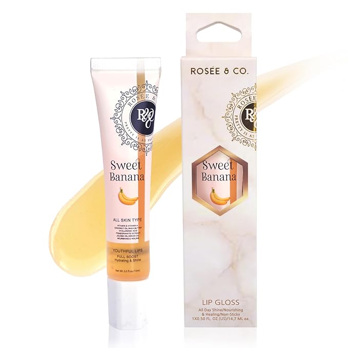 Rosee Lip Gloss Vegan & Cruelty Free Treatment, Professional Make up, Long Lasting Glossy with Shea Butter, Moisturize, Protect & Smooth, High Shine, Non-Sticky (s. Sweet Banana, 0.5)