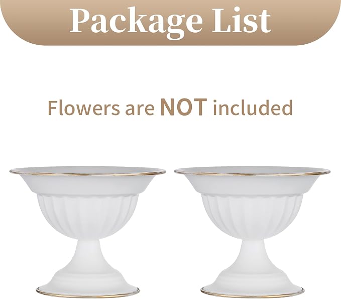 Sziqiqi White Compote Vase Wedding Centerpiece, Flower Arrangement, 2Pcs | 5.1in Metal Pedestal Urn Vases for Decoration, Bowl Planter Pot for Wedding, Party, Event, Birthday, Home