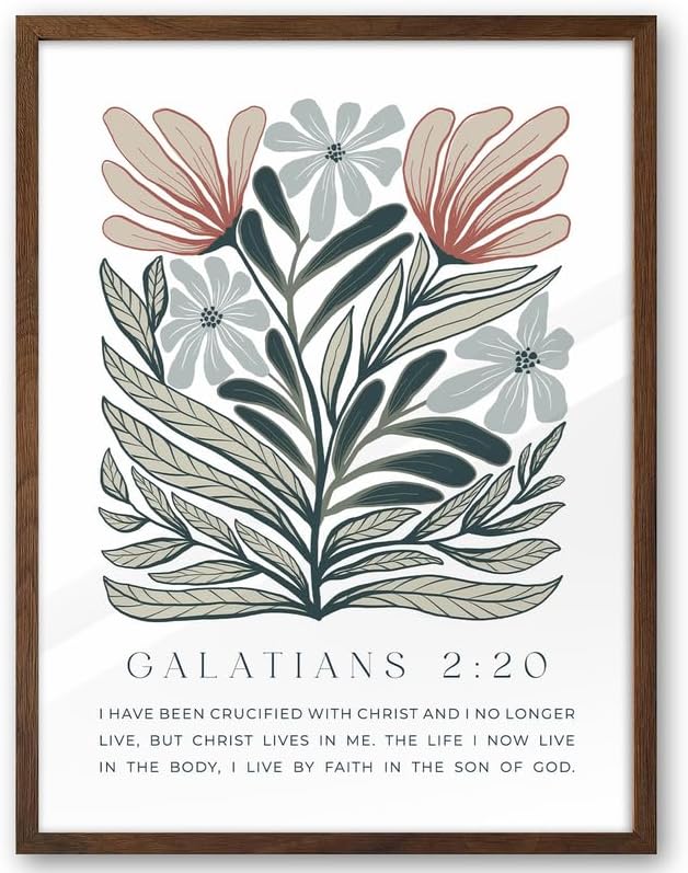 EcoHest 12x16 in Galatians 2:20 Abstract Floral Framed Christian Wall Art | Walnut Color Solid Oak Frame，Canvas Wall Art, Boho Scripture Bible Verse Decor for Bedroom, Living Room, Office, Church,1Pack