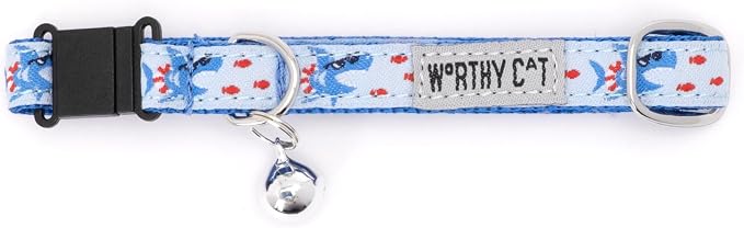 THE WORTHY DOG Summer Pattern, Breakaway Cat Collar, with Bell, Blue