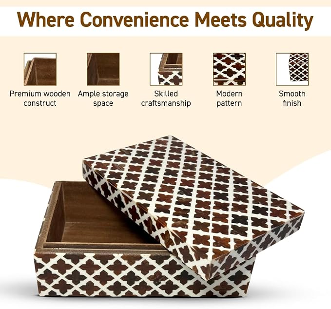 Perilla Home ﻿Home Decor Decorative Storage Wooden Box Small Wooden Organizer Tool Stash Card Craft Trinket Memory Keepsake Jewelry Box for Men and Women, Clover, Gifts For All, Dark Brown & Off White