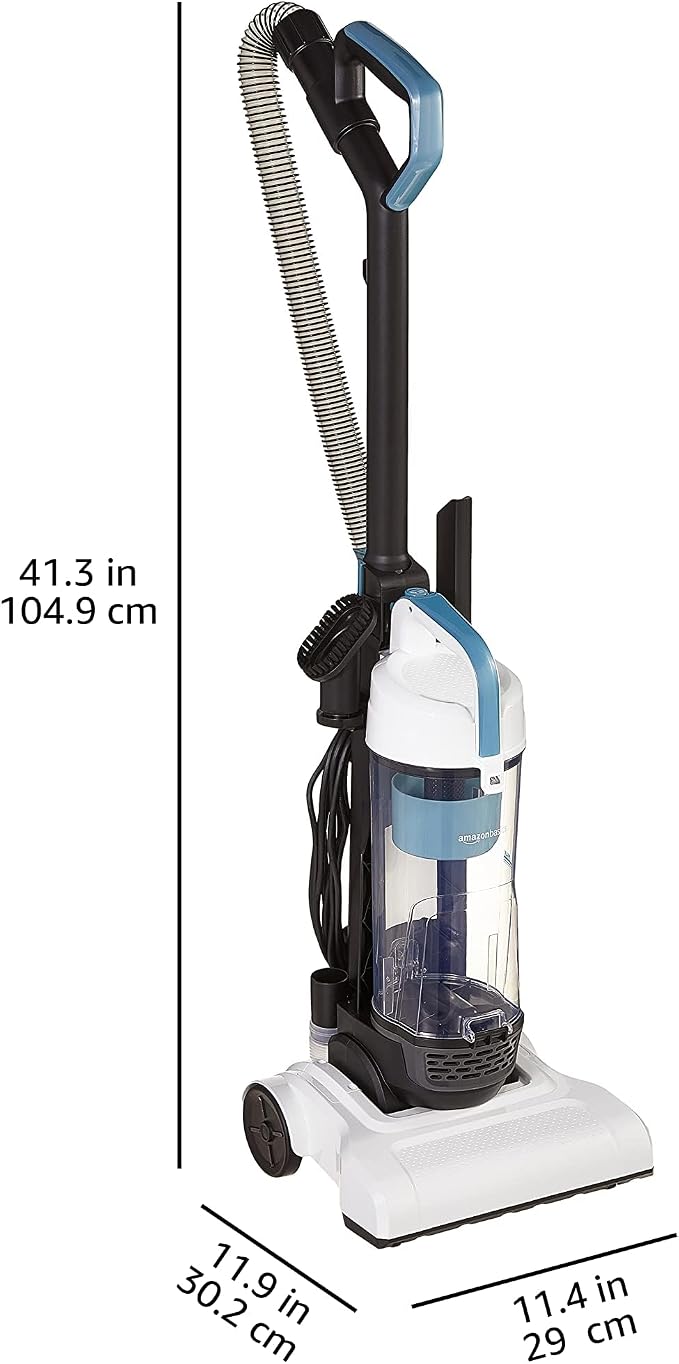 Amazon Basics Upright Bagless Vacuum Cleaner for Carpet and Hard Floors, Washable Filter, Crevice and Upholstery Tools, Detachable Handle, Lightweight, 1.7L Dust Cup, 25ft Cord, Black/White