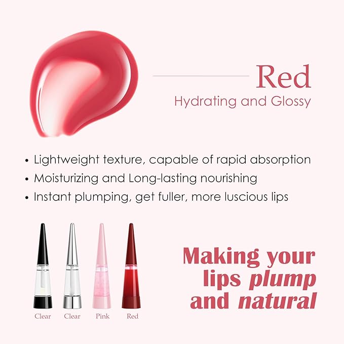Lip Plumper, Extreme Plumping Lip Fuller, Hydrating and Transparent Lips Balm, Volumizing formula, Youthful Fuller Gloss, Smoother Lips and High Glossy, Non-Sticky - Red, 0.21 Fl Oz