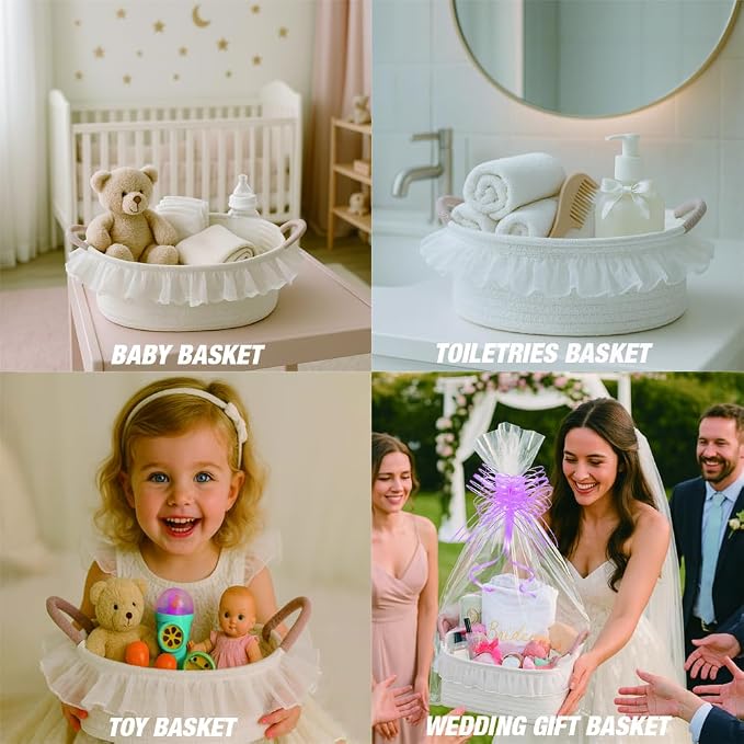 Yimi's Dream White Cotton Rope Gift Basket with Handle and Lace, 12 x 8 in | Woven Storage Basket with Handle for Baby Shower, Easter, Housewarming, First Communion, Wedding, Nursery, Towels, and Gifts