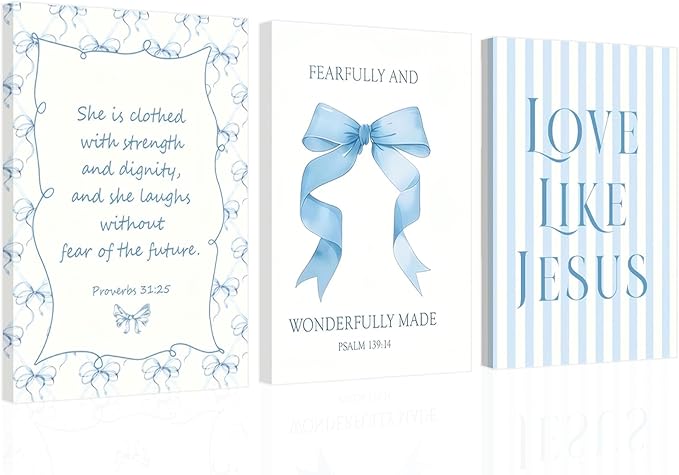 Blue Coquette Room Decor of Bow Pictures Bible Verses Wall Art Decor Set of 3 Preppy Posters Bedroom and Light Bule Bow Dorm Decor Room Decor For Teen Girls 16x24 Inch Framed