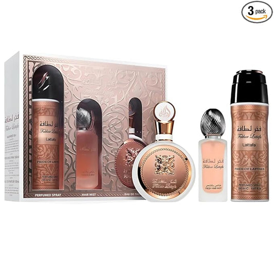 Lattafa Fakhar for Women 3 Piece Set (3.4 Oz Eau de Parfum Spray + 1.7 Oz Hair Mist + 6.7 Oz Deodorant Spray)