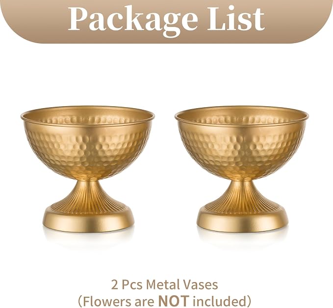 Sziqiqi Gold Urn Vase for Flowers, Wedding Table Compote Vases, 5.9in, 2Pcs | Hammered Vintage Urn Vase, Wedding Table Decoration Centrepieces Set, For Artificial Flowers,Party, Home Decor, Anniversary
