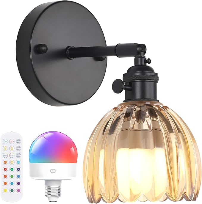 Shenmoyl Vintage Battery Operated Wall Sconce with Amber Tulip Glass Lampshade Rechargeable Battery Powered Black Wall Light with Remote Control for Bedside Bedroom Doorway