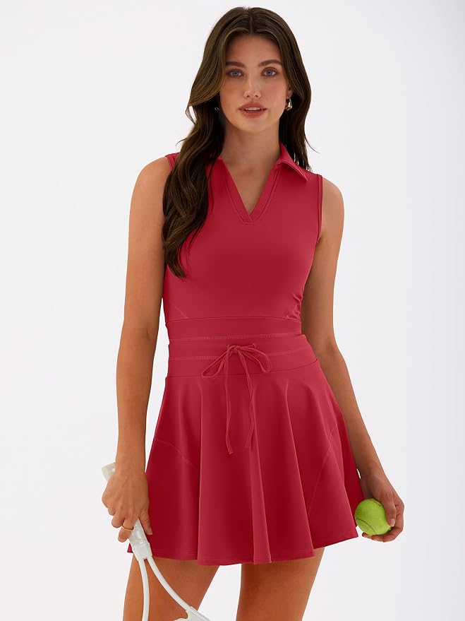 Caracilia Women's 2 Piece Tennis Dress Set-Polo Neck Sleeveless Mini Dresses with Shorts,Golf Casual Workout Athletic Sports