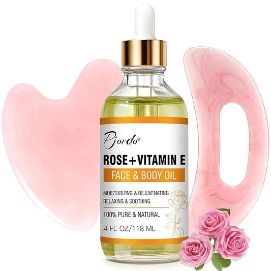 Vitamin E Rose Oil & Gua Sha Massage Tools Set, Gua Sha Oil for Face & Body, Organic Vitamin E Oil for Moisturizing and Hydrating, Anti Aging, Self Skin Care Gifts for Her Women