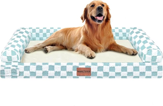 Orthopedic Dog Bed for X-Large Dogs, 40 x 32 Inch, Green Grid | Egg crate foam for joint support, 3-sided bolster pet sofa, waterproof lining, washable cover, and non-skid base