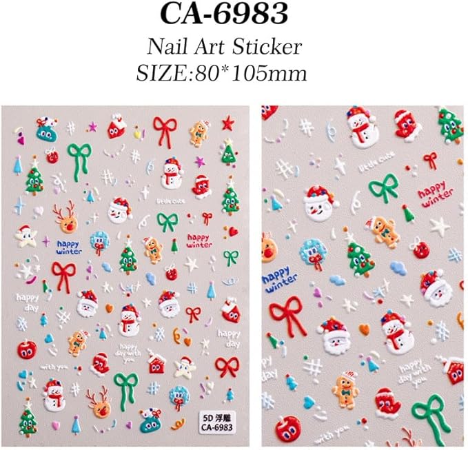 Christmas Nail Stickers for Nail Art, 5D Embossed Self-Adhesive Star Trees Bow Nail Decals, Mushroom Nail Supplies Nail Art Design Accessories for Women and Girls Manicure DIY Decoration