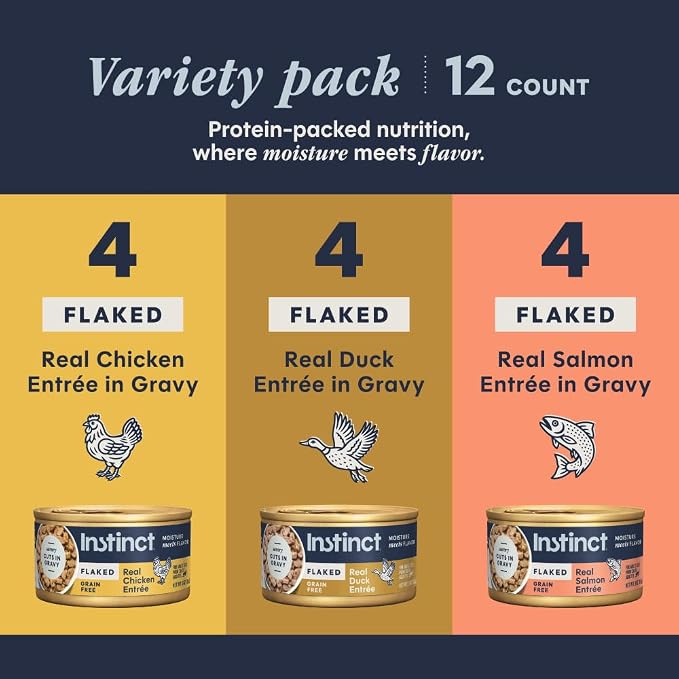 Instinct Flaked Entrees, Wet Canned Cat Food, Variety Pack, 3 oz (12 Count) | Tender flaked cuts in savory gravy, high protein, real meat, whole-food ingredients, grain-free, hydration support