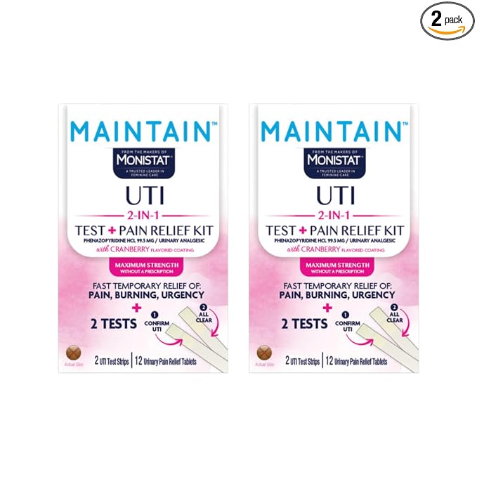 Monistat Maintain UTI Test and Pain Relief Kit, UTI Test Strips and Urinary Pain Relief Tablets, Cranberry Flavor Coating, 2 Test Strips and 12 Tablets (Pack of 2)