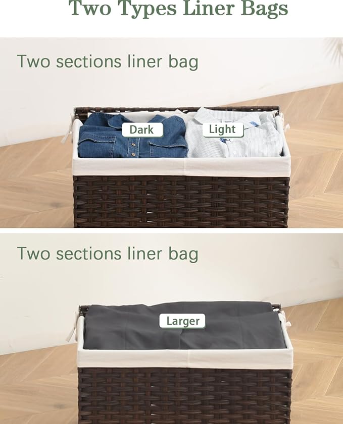SETVSON Storage Basket with Lid Wicker Baskets for Storage, 160L Brown | 42.3 Gallon Storage Bin with 2 Separate Lids, 2 Removable Liners for Clothes & Blankets, Sturdy Metal Frame, PE Rattan