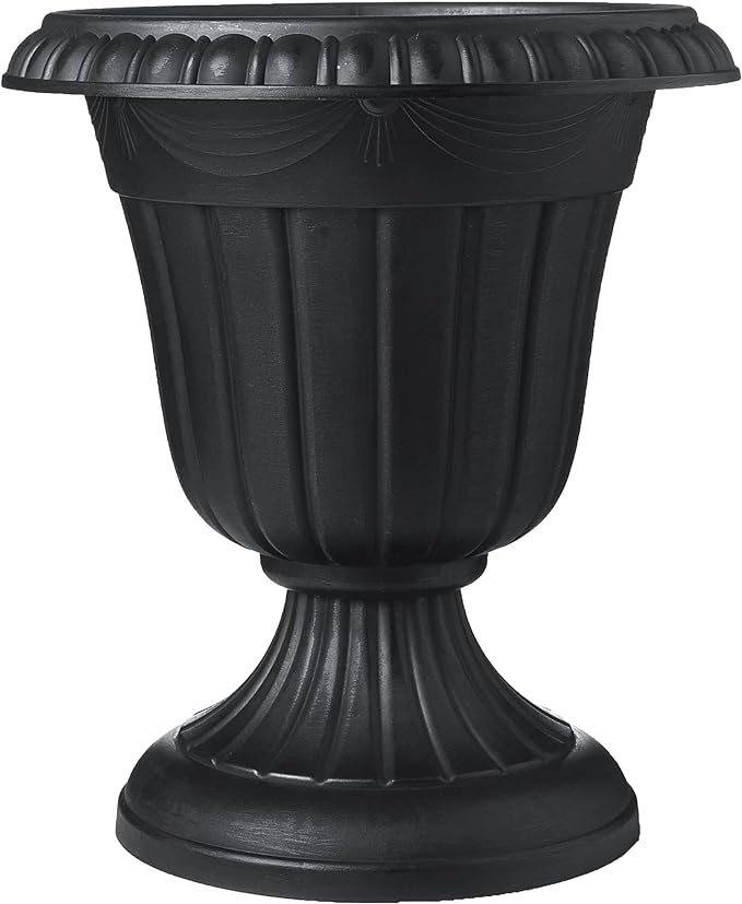 Arcadia Garden Products PL20BK Classic Traditional Plastic Urn Planter, Indoor or Outdoor Garden Decor, Flower Pot Vase 10x12 - Black