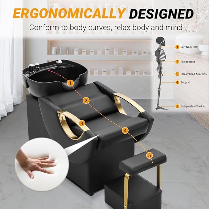 Shampoo Bowl and Chair Set for Salon,Seogwisam Backwash Barber Chair,ABS Plastic Shampoo Bowl Sink Unit w/Independent Footrest for Beauty Spa Barbershop