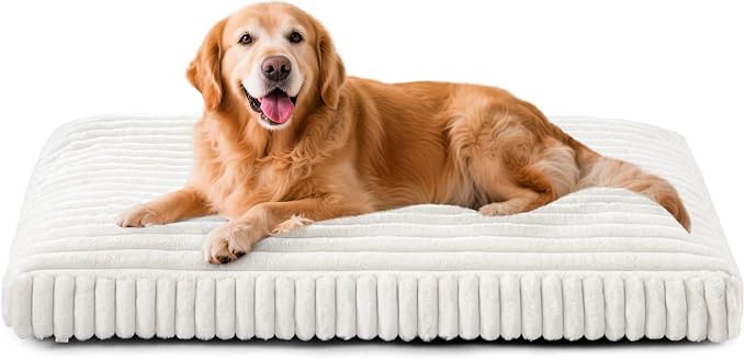 Dog Bed for Large Dogs, Orthopedic Dog Beds Washable with Removable Cover, Extra Thick Crate Bed Pet Mat with Shredded Chopped Foam & Anti-Slip Bottom, 35"x23"x4", Cream