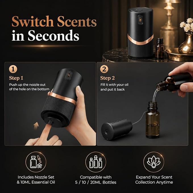 Waterless Essential Oil Diffuser, Mini Scent Air Machine Portable Diffuser for Home Car Office, Battery Operated Aromatherapy Diffuser with 10mL Hotel Scent Fragrance Oil, Timer & 4 Mist Levels, Black