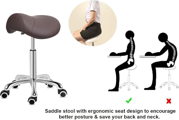 Kaleurrier Saddle Stool Rolling Swivel Height Adjustable with Wheels,Heavy Duty Saddle Chair,Ergonomic Stool Chair for Hair Salon Lab Clinic Dental Massage Home Office Kitchen (Coffee, Without Back)