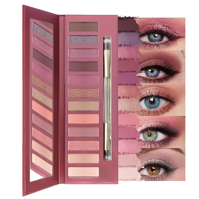 12 Colors Highly Pingmented Eye Shadow Palette Makeup Kit for Women, Purple Burgundy Fuchsia Magenta Rose Gold Eyeshadows, Matte Smoky Shimmery Metallic Shade Eyeshadow Palette Long-Lasting Waterproof