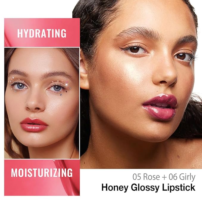 Kaely 2Pcs Honey Lipstick Tinted Lip Balm, Hydrating Shine Lipstick for Women Dry Lips, Moisturizing Nourishing Glossy Lip Gloss Stain Makeup, Sheer Lightweight, Vegan, 05 Rose+06 Girly
