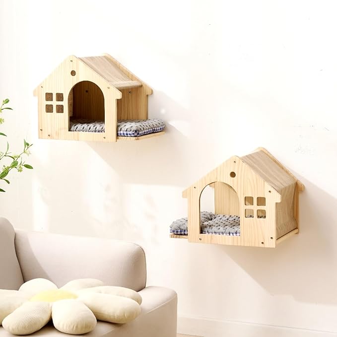 SHENGOCASE 2-Pack Cat Wall House, Wall-Mounted Shelves Perch Furniture Set with 3 Steps, Natural Wood, Washable Cat Cushions