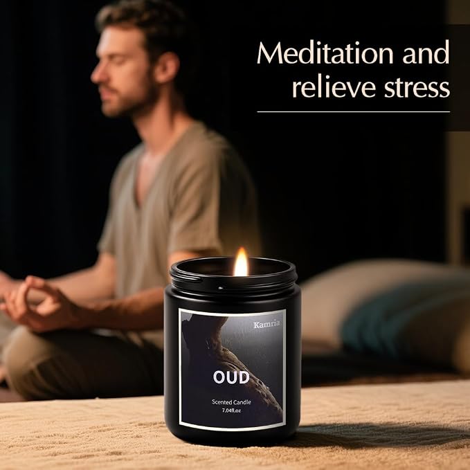 Oud Scented Candle for Men, Masculine Woodsy Aromatherapy Jar Candle, Natural Soy Wax Long Lasting Burn, Luxury Black Decor Gift for Him, 7oz