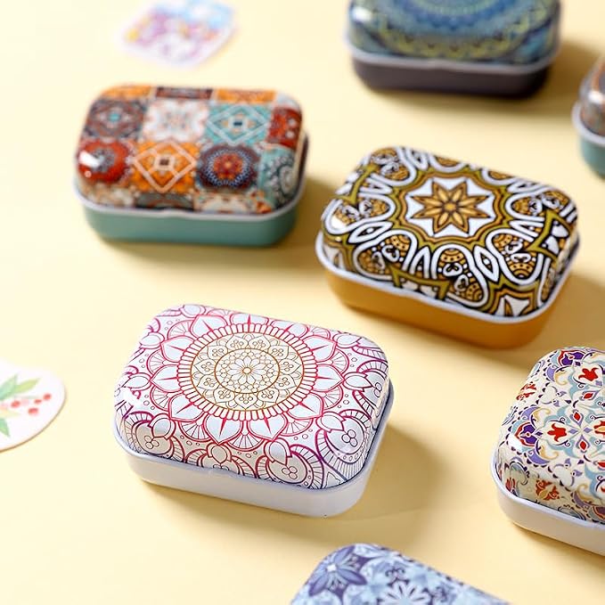 8Pcs Metal Hinged Tin Box Container Floral Farmhouse Rustic Mini Portable Small Storage Container Kit with Lid for Home Storage 2.1x1.5x1 Inch (Multicolor)
