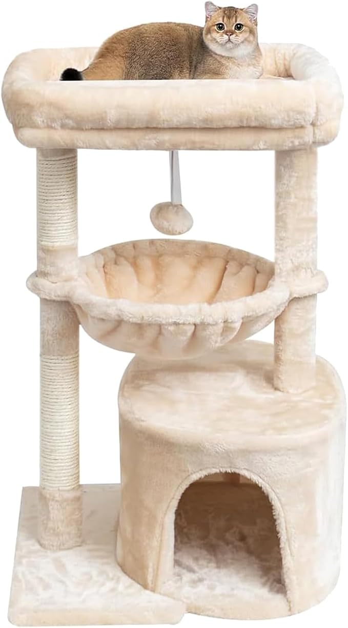 SYANDLVY Small Cat Tree for Indoor Cats, Kittens Condo with Scratching Post | Modern Activity Tower with Cradle & Hanging Ball for Play Rest, Beige