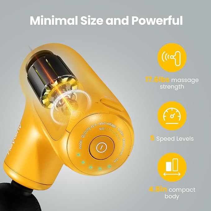 Super Mini Massage Gun Deep Tissue, Handheld Muscle Massager with 4 Heads, Percussion Travel Size Massager Gun for Back Pain Relief, Quiet for Home, Gym, Office, Gift for Men & Women, Yellow